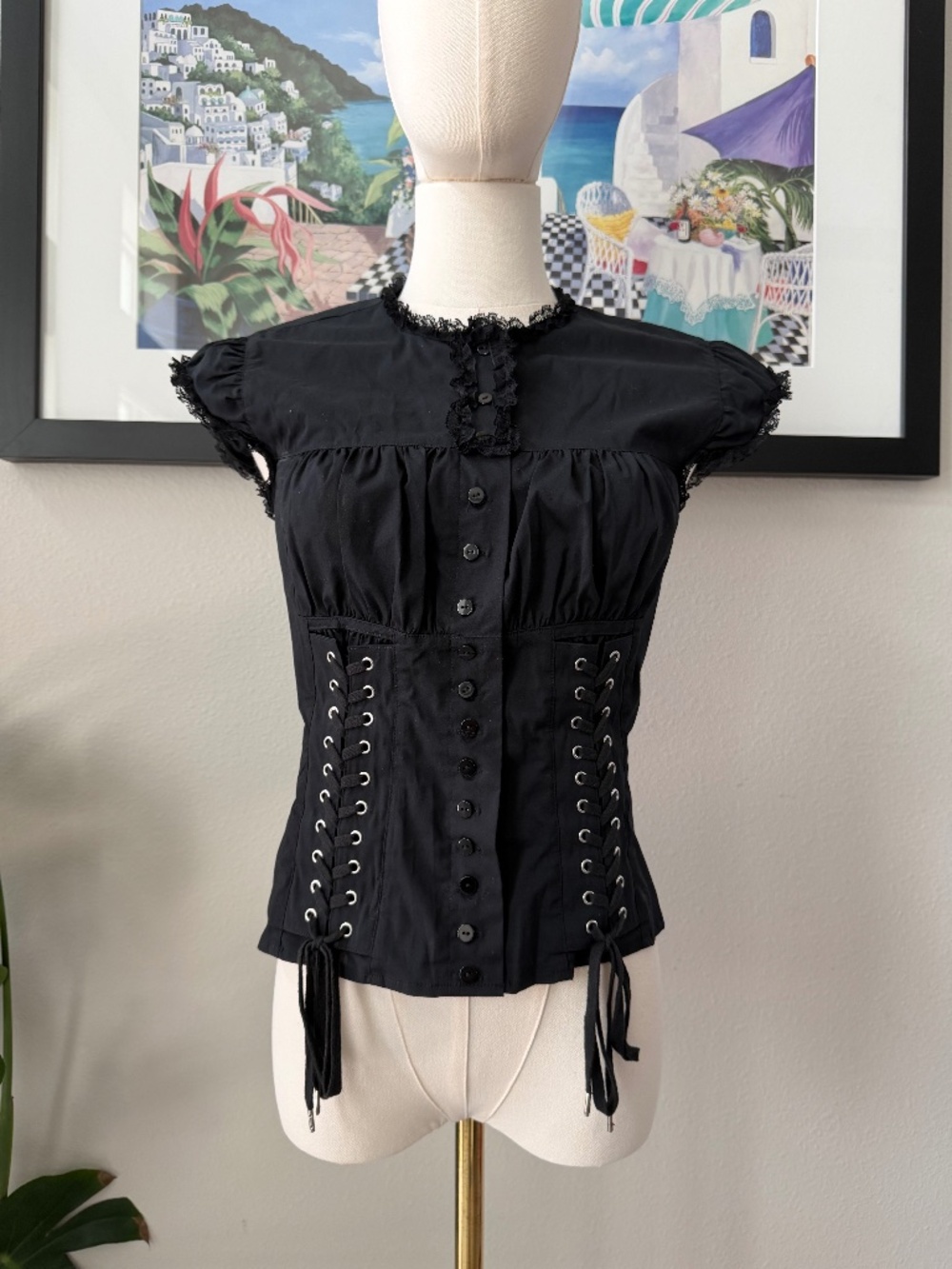 INCREDIBLE Moda International Vintage Black Corset Button Up Lace Top Sz Small